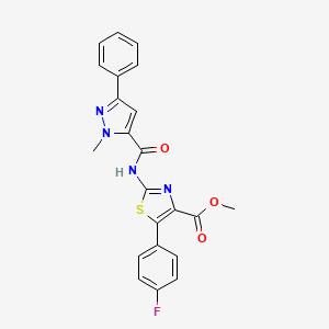 molecular formula C22H17FN4O3S B11011777 methyl 5-(4-fluorophenyl)-2-{[(1-methyl-3-phenyl-1H-pyrazol-5-yl)carbonyl]amino}-1,3-thiazole-4-carboxylate 