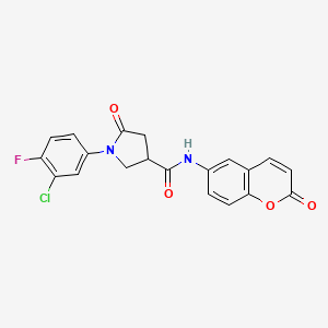 molecular formula C20H14ClFN2O4 B11012009 1-(3-chloro-4-fluorophenyl)-5-oxo-N-(2-oxo-2H-chromen-6-yl)pyrrolidine-3-carboxamide 