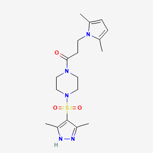 molecular formula C18H27N5O3S B11012793 1-{4-[(3,5-dimethyl-1H-pyrazol-4-yl)sulfonyl]piperazin-1-yl}-3-(2,5-dimethyl-1H-pyrrol-1-yl)propan-1-one 