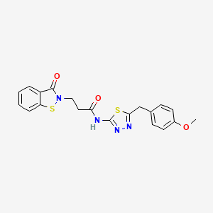 molecular formula C20H18N4O3S2 B11012856 N-[(2Z)-5-(4-methoxybenzyl)-1,3,4-thiadiazol-2(3H)-ylidene]-3-(3-oxo-1,2-benzothiazol-2(3H)-yl)propanamide 