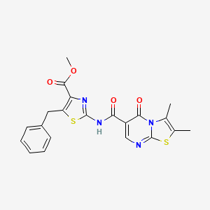 molecular formula C21H18N4O4S2 B11015370 methyl 5-benzyl-2-{[(2,3-dimethyl-5-oxo-5H-[1,3]thiazolo[3,2-a]pyrimidin-6-yl)carbonyl]amino}-1,3-thiazole-4-carboxylate 