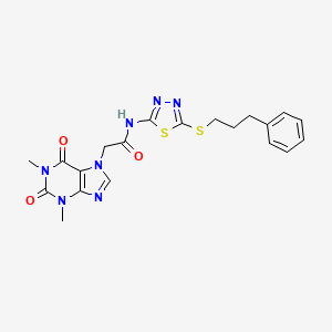 molecular formula C20H21N7O3S2 B11016505 2-(1,3-dimethyl-2,6-dioxo-1,2,3,6-tetrahydro-7H-purin-7-yl)-N-{5-[(3-phenylpropyl)sulfanyl]-1,3,4-thiadiazol-2-yl}acetamide 