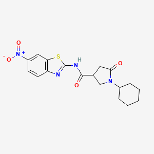 molecular formula C18H20N4O4S B11017218 1-cyclohexyl-N-(6-nitro-1,3-benzothiazol-2-yl)-5-oxopyrrolidine-3-carboxamide 