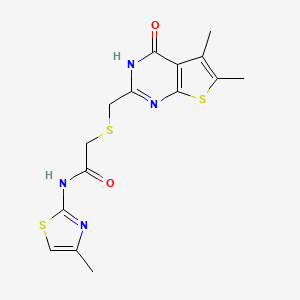 molecular formula C15H16N4O2S3 B11017560 2-{[(4-hydroxy-5,6-dimethylthieno[2,3-d]pyrimidin-2-yl)methyl]sulfanyl}-N-(4-methyl-1,3-thiazol-2-yl)acetamide 