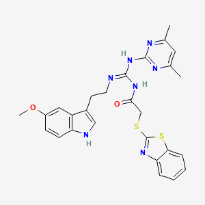 2-(1,3-benzothiazol-2-ylsulfanyl)-N-[(E)-[(4,6-dimethylpyrimidin-2-yl)amino]{[2-(5-methoxy-1H-indol-3-yl)ethyl]amino}methylidene]acetamide