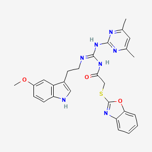 2-(1,3-benzoxazol-2-ylsulfanyl)-N-[(E)-[(4,6-dimethylpyrimidin-2-yl)amino]{[2-(5-methoxy-1H-indol-3-yl)ethyl]amino}methylidene]acetamide