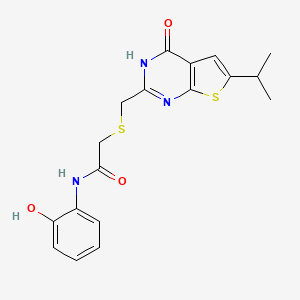 molecular formula C18H19N3O3S2 B11026413 N-(2-hydroxyphenyl)-2-({[4-hydroxy-6-(propan-2-yl)thieno[2,3-d]pyrimidin-2-yl]methyl}sulfanyl)acetamide 