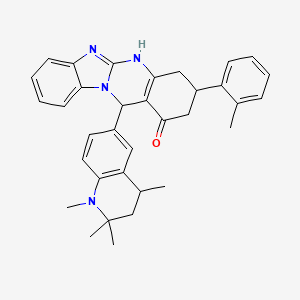 molecular formula C34H36N4O B11027227 3-(2-methylphenyl)-12-(1,2,2,4-tetramethyl-1,2,3,4-tetrahydroquinolin-6-yl)-3,4,5,12-tetrahydrobenzimidazo[2,1-b]quinazolin-1(2H)-one 