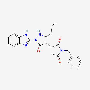 molecular formula C24H23N5O3 B11030283 3-[1-(1H-benzimidazol-2-yl)-5-hydroxy-3-propyl-1H-pyrazol-4-yl]-1-benzylpyrrolidine-2,5-dione 