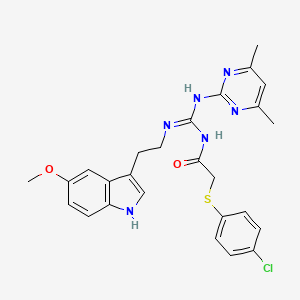 2-[(4-chlorophenyl)sulfanyl]-N-[(E)-[(4,6-dimethylpyrimidin-2-yl)amino]{[2-(5-methoxy-1H-indol-3-yl)ethyl]amino}methylidene]acetamide