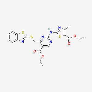 molecular formula C22H21N5O4S3 B11032087 Ethyl 2-{[4-[(1,3-benzothiazol-2-ylsulfanyl)methyl]-5-(ethoxycarbonyl)-2-pyrimidinyl]amino}-4-methyl-1,3-thiazole-5-carboxylate 