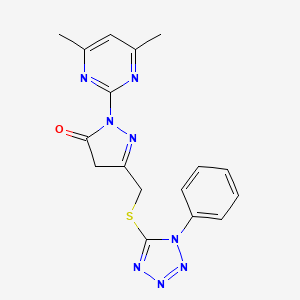 molecular formula C17H16N8OS B11032468 2-(4,6-dimethylpyrimidin-2-yl)-5-{[(1-phenyl-1H-tetrazol-5-yl)sulfanyl]methyl}-2,4-dihydro-3H-pyrazol-3-one 