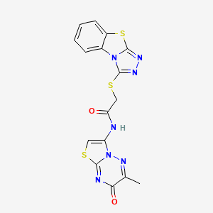 molecular formula C16H11N7O2S3 B11032588 N-(6-methyl-7-oxo-7H-[1,3]thiazolo[3,2-b][1,2,4]triazin-3-yl)-2-([1,2,4]triazolo[3,4-b][1,3]benzothiazol-3-ylsulfanyl)acetamide 