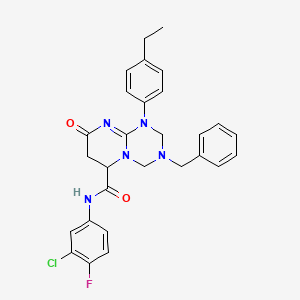 molecular formula C28H27ClFN5O2 B11032723 3-benzyl-N-(3-chloro-4-fluorophenyl)-1-(4-ethylphenyl)-8-oxo-1,3,4,6,7,8-hexahydro-2H-pyrimido[1,2-a][1,3,5]triazine-6-carboxamide 