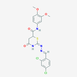 molecular formula C20H18Cl2N4O4S B11033040 2-[(2E)-2-(2,4-dichlorobenzylidene)hydrazinyl]-N-(3,4-dimethoxyphenyl)-4-oxo-5,6-dihydro-4H-1,3-thiazine-6-carboxamide 