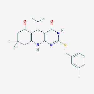 molecular formula C24H29N3O2S B11033248 8,8-dimethyl-2-[(3-methylbenzyl)sulfanyl]-5-(propan-2-yl)-5,8,9,10-tetrahydropyrimido[4,5-b]quinoline-4,6(3H,7H)-dione 