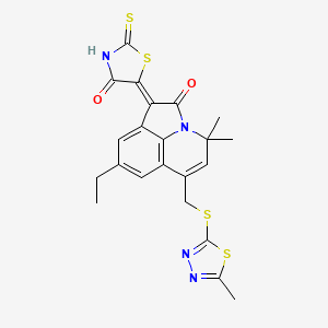 (1Z)-8-ethyl-4,4-dimethyl-6-{[(5-methyl-1,3,4-thiadiazol-2-yl)sulfanyl]methyl}-1-(4-oxo-2-thioxo-1,3-thiazolidin-5-ylidene)-4H-pyrrolo[3,2,1-ij]quinolin-2(1H)-one