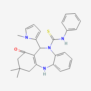 molecular formula C27H28N4OS B11034187 3,3-dimethyl-11-(1-methyl-1H-pyrrol-2-yl)-1-oxo-N-phenyl-1,2,3,4,5,11-hexahydro-10H-dibenzo[b,e][1,4]diazepine-10-carbothioamide 