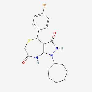 molecular formula C19H22BrN3O2S B11036776 4-(4-bromophenyl)-1-cycloheptyl-7-hydroxy-1,2,4,6-tetrahydro-3H-pyrazolo[3,4-e][1,4]thiazepin-3-one 