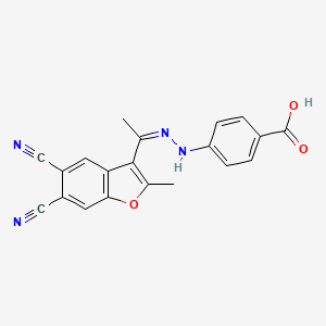 4-{(2Z)-2-[1-(5,6-dicyano-2-methyl-1-benzofuran-3-yl)ethylidene]hydrazinyl}benzoic acid