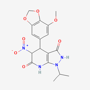 molecular formula C17H18N4O7 B11040184 4-(7-methoxy-1,3-benzodioxol-5-yl)-5-nitro-1-(propan-2-yl)-4,7-dihydro-1H-pyrazolo[3,4-b]pyridine-3,6(2H,5H)-dione 