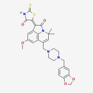 (1Z)-6-{[4-(1,3-benzodioxol-5-ylmethyl)piperazin-1-yl]methyl}-8-methoxy-4,4-dimethyl-1-(4-oxo-2-thioxo-1,3-thiazolidin-5-ylidene)-4H-pyrrolo[3,2,1-ij]quinolin-2(1H)-one