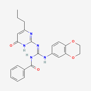 molecular formula C23H23N5O4 B11041658 N-{(E)-(2,3-dihydro-1,4-benzodioxin-6-ylamino)[(6-oxo-4-propyl-1,6-dihydropyrimidin-2-yl)amino]methylidene}benzamide 