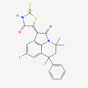 (1Z)-8-iodo-4,4,6-trimethyl-1-(4-oxo-2-thioxo-1,3-thiazolidin-5-ylidene)-6-phenyl-5,6-dihydro-4H-pyrrolo[3,2,1-ij]quinolin-2(1H)-one