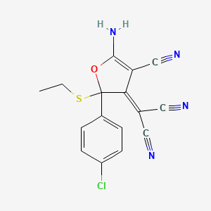 molecular formula C16H11ClN4OS B11044099 [5-Amino-2-(4-chlorophenyl)-4-cyano-2-(ethylsulfanyl)-3(2H)-furanyliden](cyano)methyl cyanide 