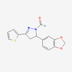 molecular formula C15H12N2O3S B11046010 5-(1,3-benzodioxol-5-yl)-3-(thiophen-2-yl)-4,5-dihydro-1H-pyrazole-1-carbaldehyde 