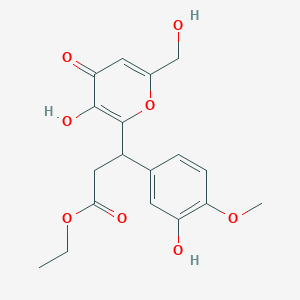 molecular formula C18H20O8 B11046302 ethyl 3-[3-hydroxy-6-(hydroxymethyl)-4-oxo-4H-pyran-2-yl]-3-(3-hydroxy-4-methoxyphenyl)propanoate 