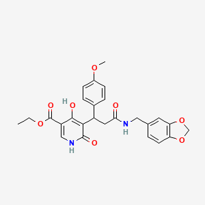 molecular formula C26H26N2O8 B11046480 Ethyl 5-{3-[(1,3-benzodioxol-5-ylmethyl)amino]-1-(4-methoxyphenyl)-3-oxopropyl}-4-hydroxy-6-oxo-1,6-dihydropyridine-3-carboxylate 