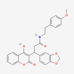 molecular formula C28H25NO7 B11048879 3-(1,3-benzodioxol-5-yl)-3-(4-hydroxy-2-oxo-2H-chromen-3-yl)-N-[2-(4-methoxyphenyl)ethyl]propanamide 