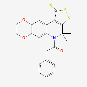 molecular formula C22H19NO3S3 B11048937 1-(4,4-Dimethyl-1-thioxo-1,4,8,9-tetrahydro-5H-[1,4]dioxino[2,3-G][1,2]dithiolo[3,4-C]quinolin-5-YL)-2-phenyl-1-ethanone 