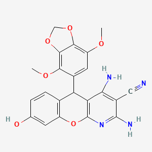 molecular formula C22H18N4O6 B11049700 2,4-Diamino-5-(4,7-dimethoxy-1,3-benzodioxol-5-YL)-8-hydroxy-5H-chromeno[2,3-B]pyridin-3-YL cyanide 