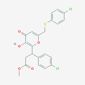 molecular formula C22H18Cl2O5S B11053679 methyl 3-(4-chlorophenyl)-3-(6-{[(4-chlorophenyl)sulfanyl]methyl}-3-hydroxy-4-oxo-4H-pyran-2-yl)propanoate 