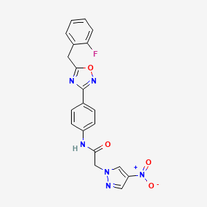 molecular formula C20H15FN6O4 B11054204 N-{4-[5-(2-fluorobenzyl)-1,2,4-oxadiazol-3-yl]phenyl}-2-(4-nitro-1H-pyrazol-1-yl)acetamide 