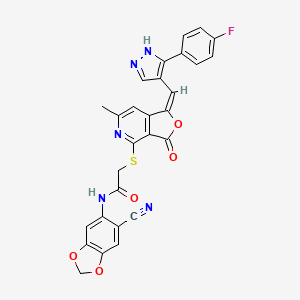 N-(6-cyano-1,3-benzodioxol-5-yl)-2-{[(1E)-1-{[3-(4-fluorophenyl)-1H-pyrazol-4-yl]methylidene}-6-methyl-3-oxo-1,3-dihydrofuro[3,4-c]pyridin-4-yl]sulfanyl}acetamide