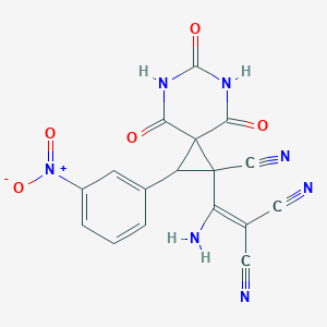 molecular formula C17H9N7O5 B11054708 {Amino[1-cyano-2-(3-nitrophenyl)-4,6,8-trioxo-5,7-diazaspiro[2.5]oct-1-yl]methylidene}propanedinitrile 