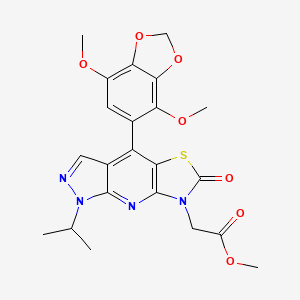 molecular formula C22H22N4O7S B11055063 Methyl 2-[4-(4,7-dimethoxy-1,3-benzodioxol-5-YL)-1-isopropyl-6-oxo-1H-pyrazolo[3,4-B][1,3]thiazolo[5,4-E]pyridin-7(6H)-YL]acetate 