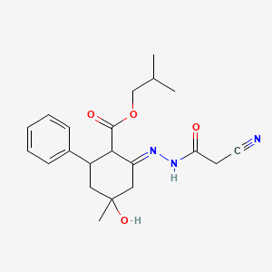 2-methylpropyl (2E)-2-[2-(cyanoacetyl)hydrazinylidene]-4-hydroxy-4-methyl-6-phenylcyclohexanecarboxylate