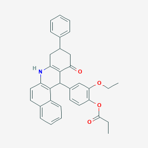 molecular formula C34H31NO4 B11055334 2-Ethoxy-4-(11-oxo-9-phenyl-7,8,9,10,11,12-hexahydrobenzo[a]acridin-12-yl)phenyl propanoate 