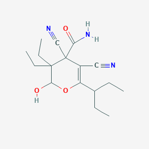 molecular formula C17H25N3O3 B11055453 4,5-Dicyano-3,3-diethyl-6-(1-ethylpropyl)-2-hydroxy-3,4-dihydro-2H-pyran-4-carboxamide 