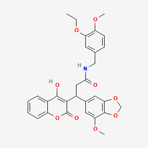 molecular formula C30H29NO9 B11055718 N-(3-ethoxy-4-methoxybenzyl)-3-(4-hydroxy-2-oxo-2H-chromen-3-yl)-3-(7-methoxy-1,3-benzodioxol-5-yl)propanamide 