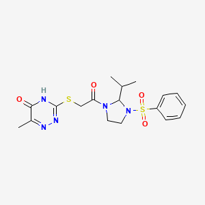 molecular formula C18H23N5O4S2 B11055804 6-methyl-3-({2-oxo-2-[3-(phenylsulfonyl)-2-(propan-2-yl)imidazolidin-1-yl]ethyl}sulfanyl)-1,2,4-triazin-5(4H)-one 