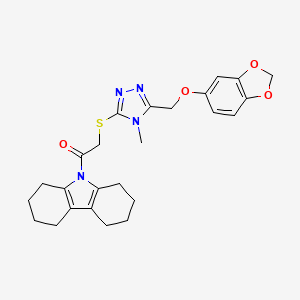 molecular formula C25H28N4O4S B11055978 2-({5-[(1,3-benzodioxol-5-yloxy)methyl]-4-methyl-4H-1,2,4-triazol-3-yl}sulfanyl)-1-(1,2,3,4,5,6,7,8-octahydro-9H-carbazol-9-yl)ethanone 