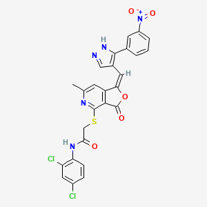 molecular formula C26H17Cl2N5O5S B11056345 N-(2,4-dichlorophenyl)-2-{[(1E)-6-methyl-1-{[3-(3-nitrophenyl)-1H-pyrazol-4-yl]methylidene}-3-oxo-1,3-dihydrofuro[3,4-c]pyridin-4-yl]sulfanyl}acetamide 