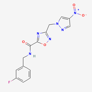 molecular formula C14H11FN6O4 B11056687 N-(3-fluorobenzyl)-3-[(4-nitro-1H-pyrazol-1-yl)methyl]-1,2,4-oxadiazole-5-carboxamide 