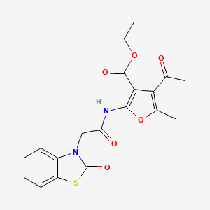 molecular formula C19H18N2O6S B11056820 ethyl 4-acetyl-5-methyl-2-{[(2-oxo-1,3-benzothiazol-3(2H)-yl)acetyl]amino}furan-3-carboxylate 