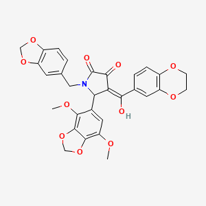 molecular formula C30H25NO11 B11057176 1-(1,3-benzodioxol-5-ylmethyl)-4-(2,3-dihydro-1,4-benzodioxin-6-ylcarbonyl)-5-(4,7-dimethoxy-1,3-benzodioxol-5-yl)-3-hydroxy-1,5-dihydro-2H-pyrrol-2-one 